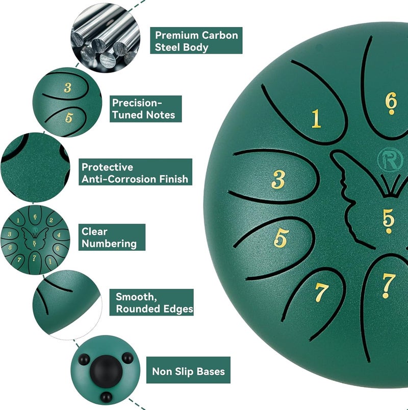 RANMING 6 Inch Steel Tongue Drum 11Note C Key Tongue Drum Kids & Adult Handpan with Gig Bag Music Book Mallets Finger Loops Mallets Stand Highlight Stickers for Meditation,Yoga & Camping Green - Image 4
